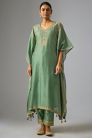 Moss Green Chanderi Silk Aari Embroidered Kaftan Set by RAR Studio
