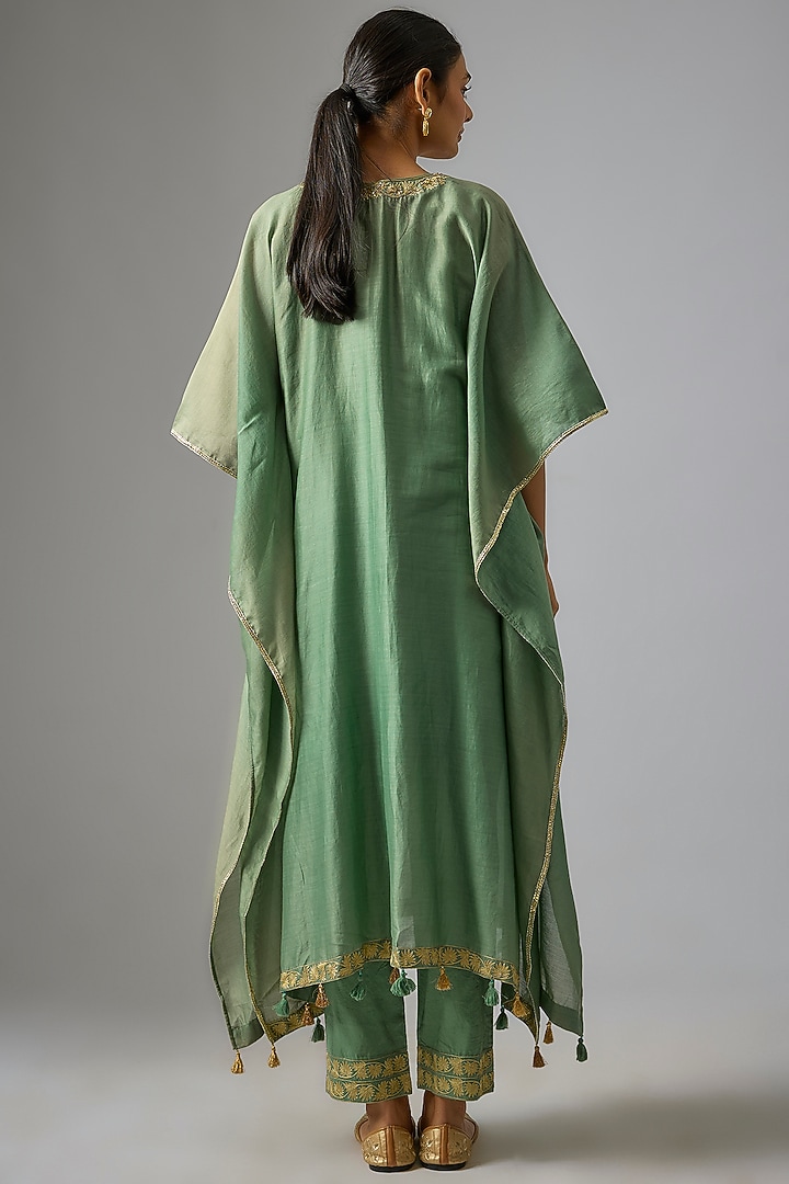 Moss Green Chanderi Silk Aari Embroidered Kaftan Set by RAR Studio at Pernia's Pop Up Shop