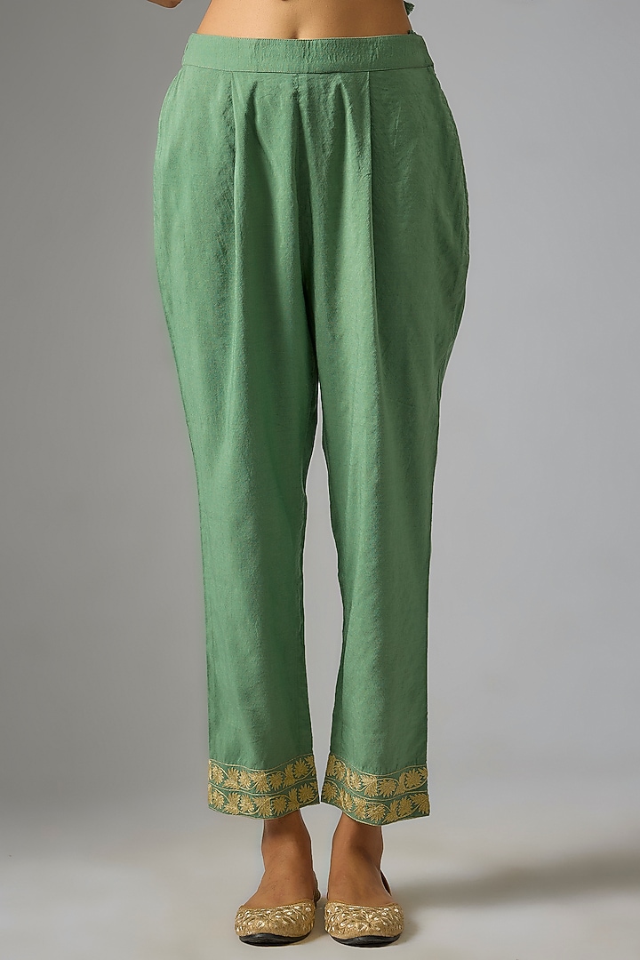 Moss Green Chanderi Silk Aari Embroidered Kaftan Set by RAR Studio at Pernia's Pop Up Shop
