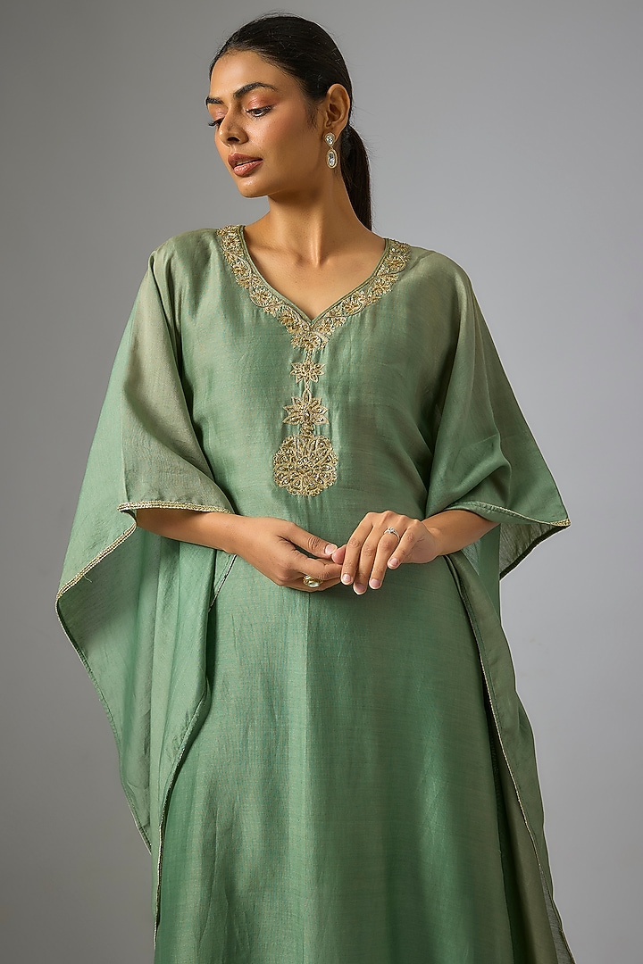 Moss Green Chanderi Silk Aari Embroidered Kaftan Set by RAR Studio at Pernia's Pop Up Shop