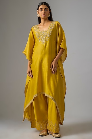 Mustard Chanderi Silk Dori Embroidered Kaftan Set by RAR Studio