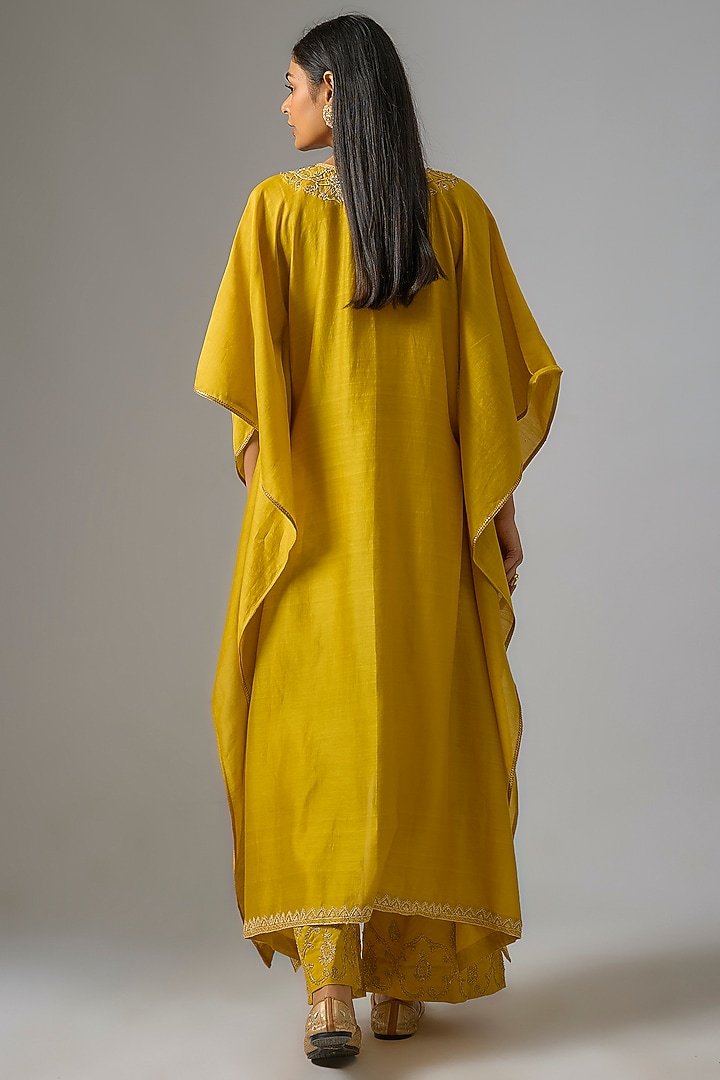 Mustard Chanderi Silk Dori Embroidered Kaftan Set by RAR Studio at Pernia's Pop Up Shop