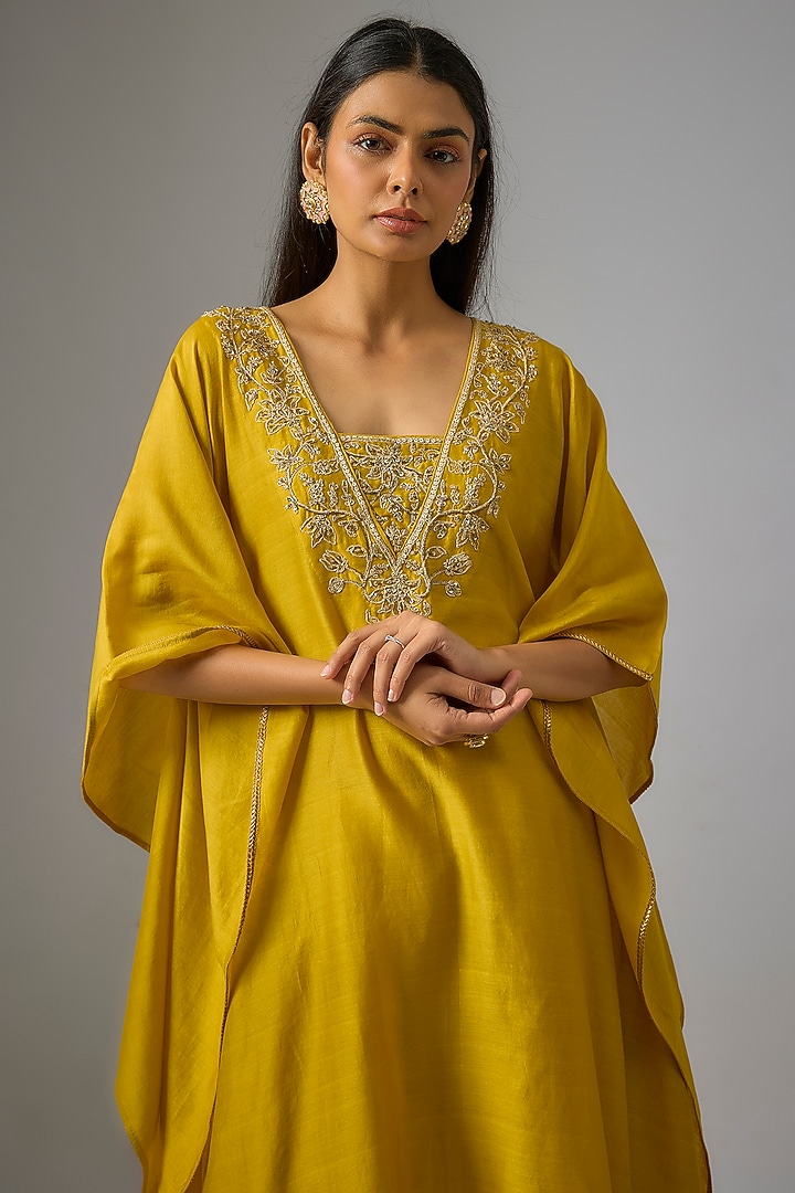 Mustard Chanderi Silk Dori Embroidered Kaftan Set by RAR Studio at Pernia's Pop Up Shop