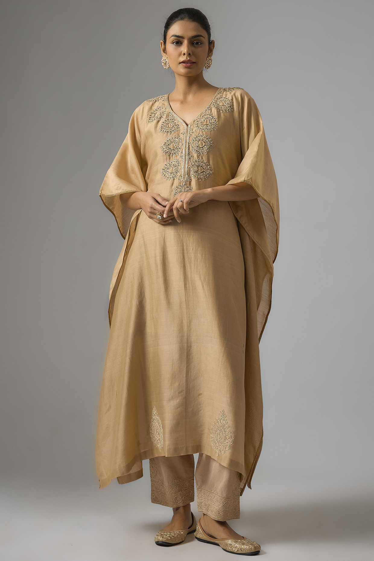 Beige Chanderi Silk Dori Embroidered Kaftan Set by RAR Studio at Pernia's Pop Up Shop