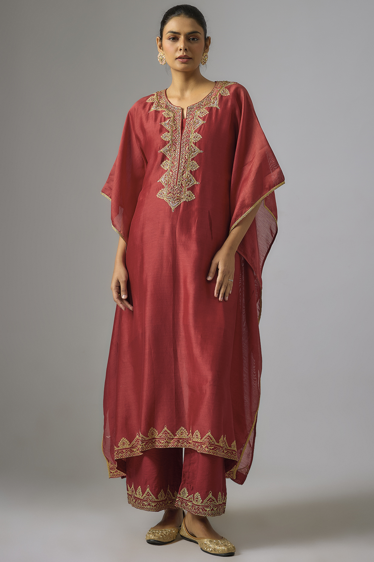 Red Chanderi Silk Aari Embroidered Kaftan Set by RAR Studio at Pernia's Pop Up Shop