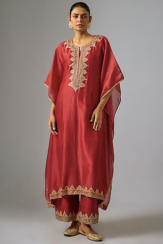 Red Chanderi Silk Aari Embroidered Kaftan Set by RAR Studio