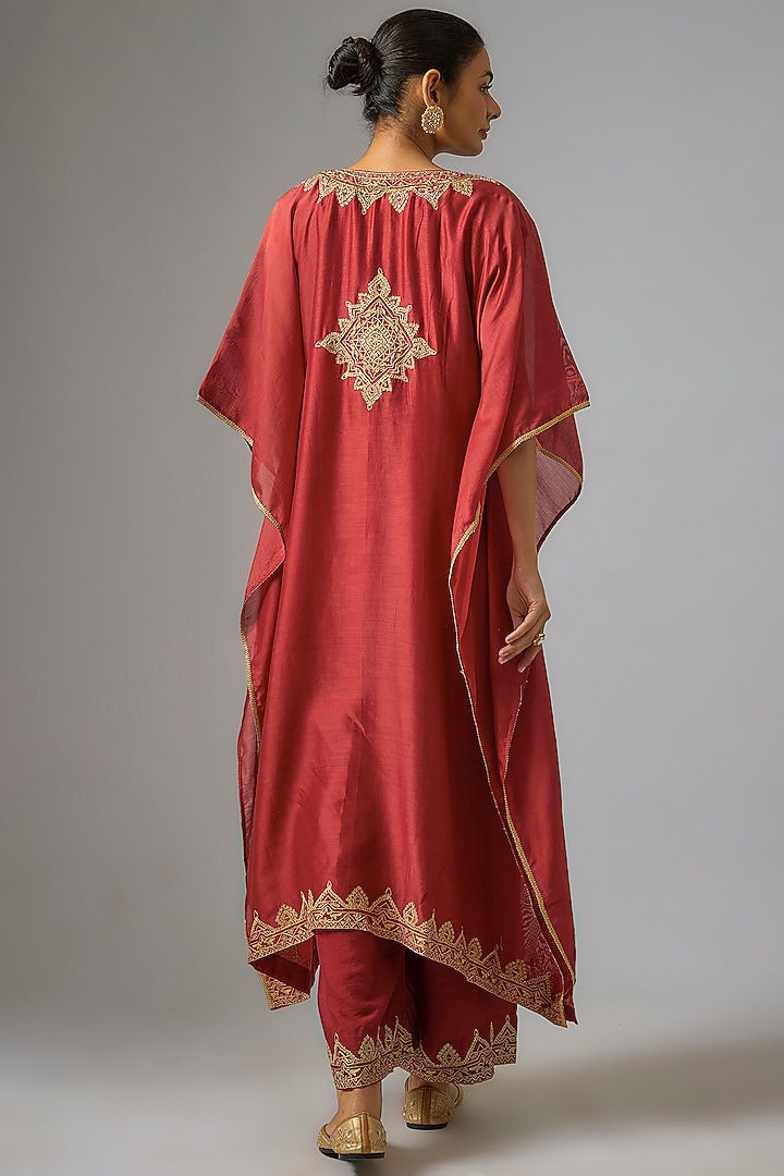 Red Chanderi Silk Aari Embroidered Kaftan Set by RAR Studio at Pernia's Pop Up Shop