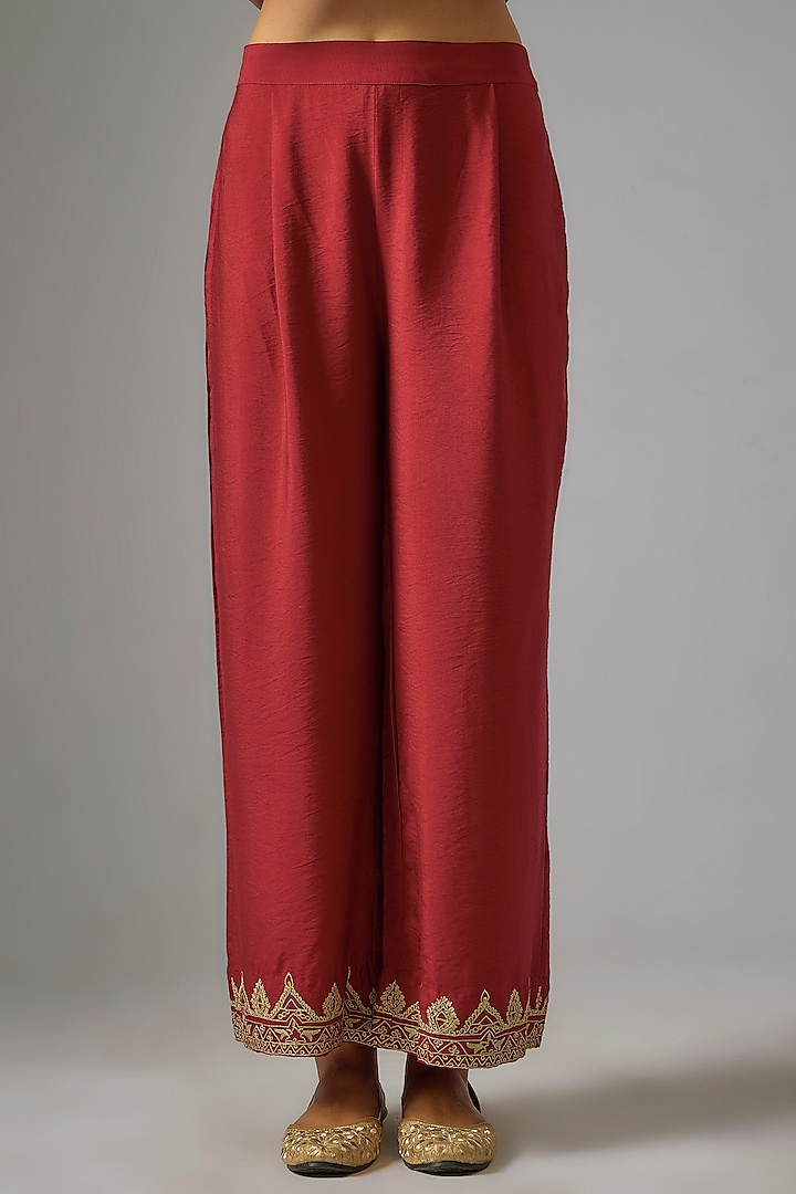 Red Chanderi Silk Aari Embroidered Kaftan Set by RAR Studio at Pernia's Pop Up Shop