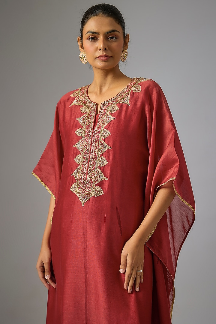 Red Chanderi Silk Aari Embroidered Kaftan Set by RAR Studio at Pernia's Pop Up Shop
