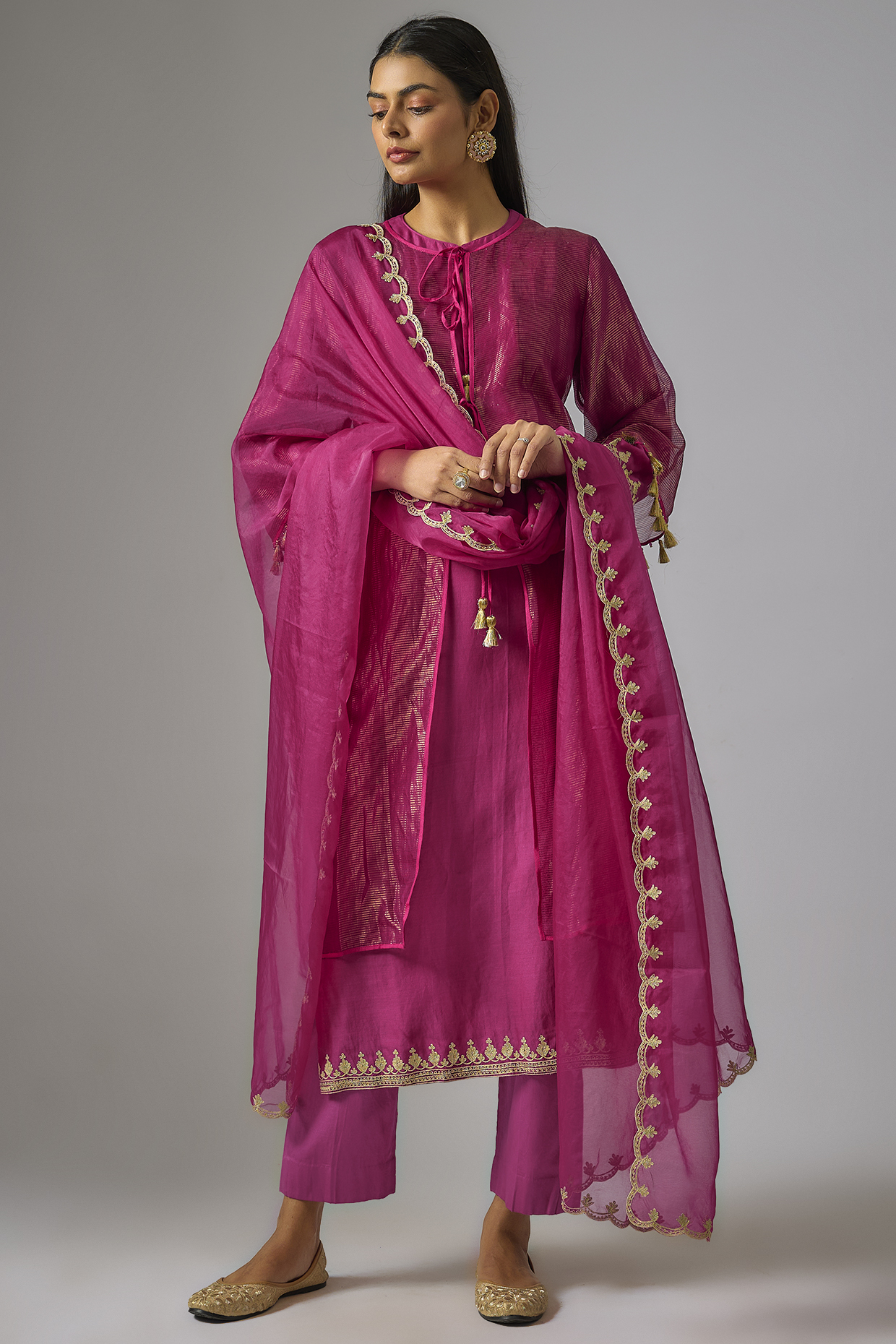 Pink Chanderi Silk Aari Embroidered Jacket Kurta Set by RAR Studio at Pernia's Pop Up Shop