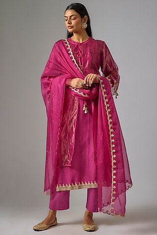 Pink Chanderi Silk Aari Embroidered Jacket Kurta Set by RAR Studio