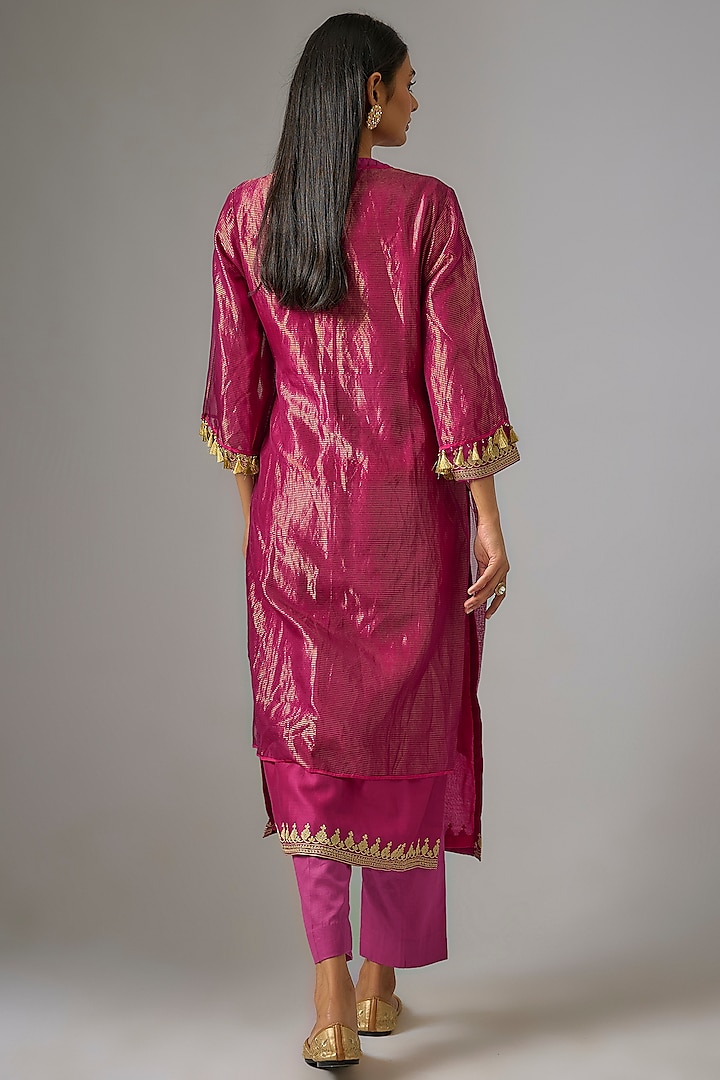 Pink Chanderi Silk Aari Embroidered Jacket Kurta Set by RAR Studio at Pernia's Pop Up Shop