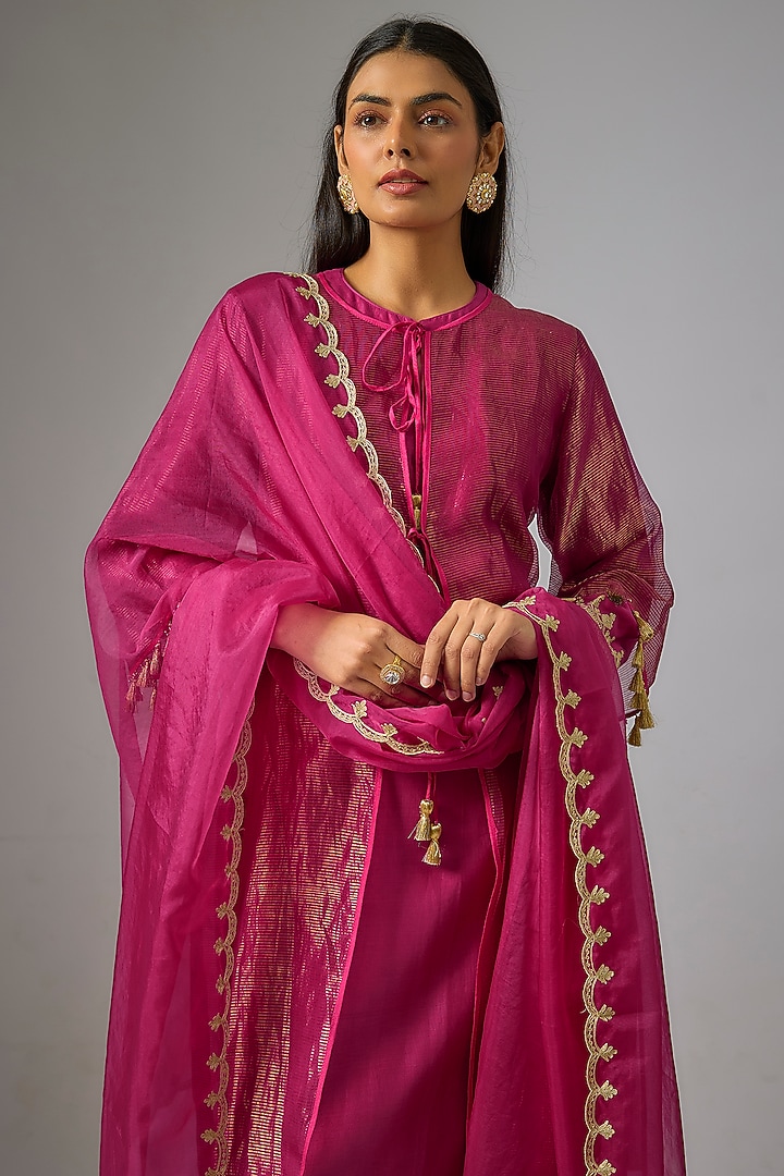 Pink Chanderi Silk Aari Embroidered Jacket Kurta Set by RAR Studio at Pernia's Pop Up Shop