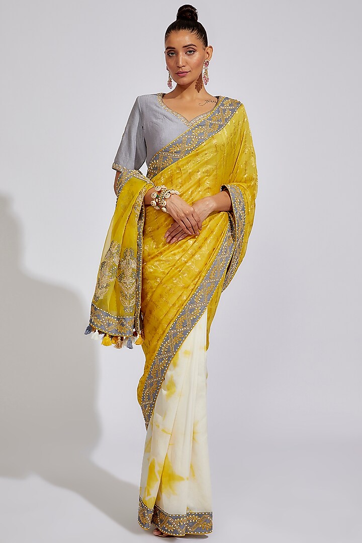 Mustard & White Chanderi Embroidered & Tie-Dyed Saree Set by RAR Studio