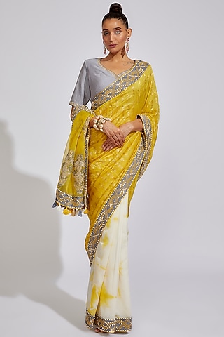 Mustard & White Chanderi Embroidered & Tie-Dyed Saree Set by RAR Studio