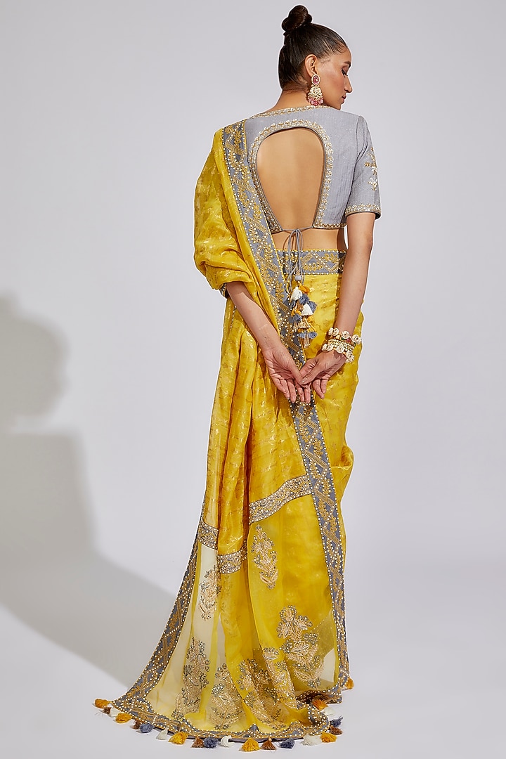 Mustard & White Chanderi Embroidered & Tie-Dyed Wedding Saree Set by RAR Studio at Pernia's Pop Up Shop