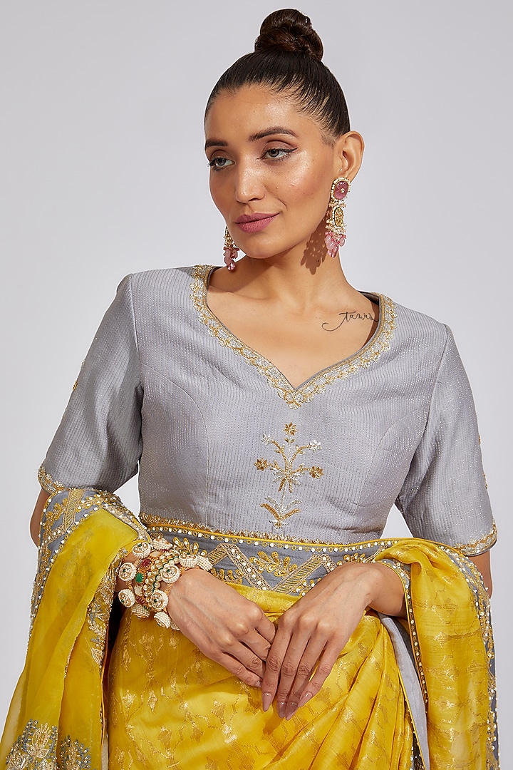 Mustard & White Chanderi Embroidered & Tie-Dyed Wedding Saree Set by RAR Studio at Pernia's Pop Up Shop