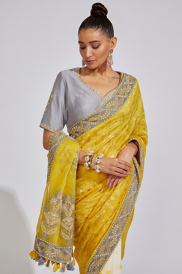Mustard & White Chanderi Embroidered & Tie-Dyed Wedding Saree Set by RAR Studio at Pernia's Pop Up Shop