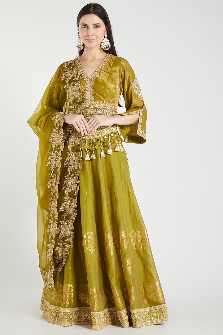 Olive Green Embroidered Wedding Lehenga Set by RAR Studio at Pernia's Pop Up Shop
