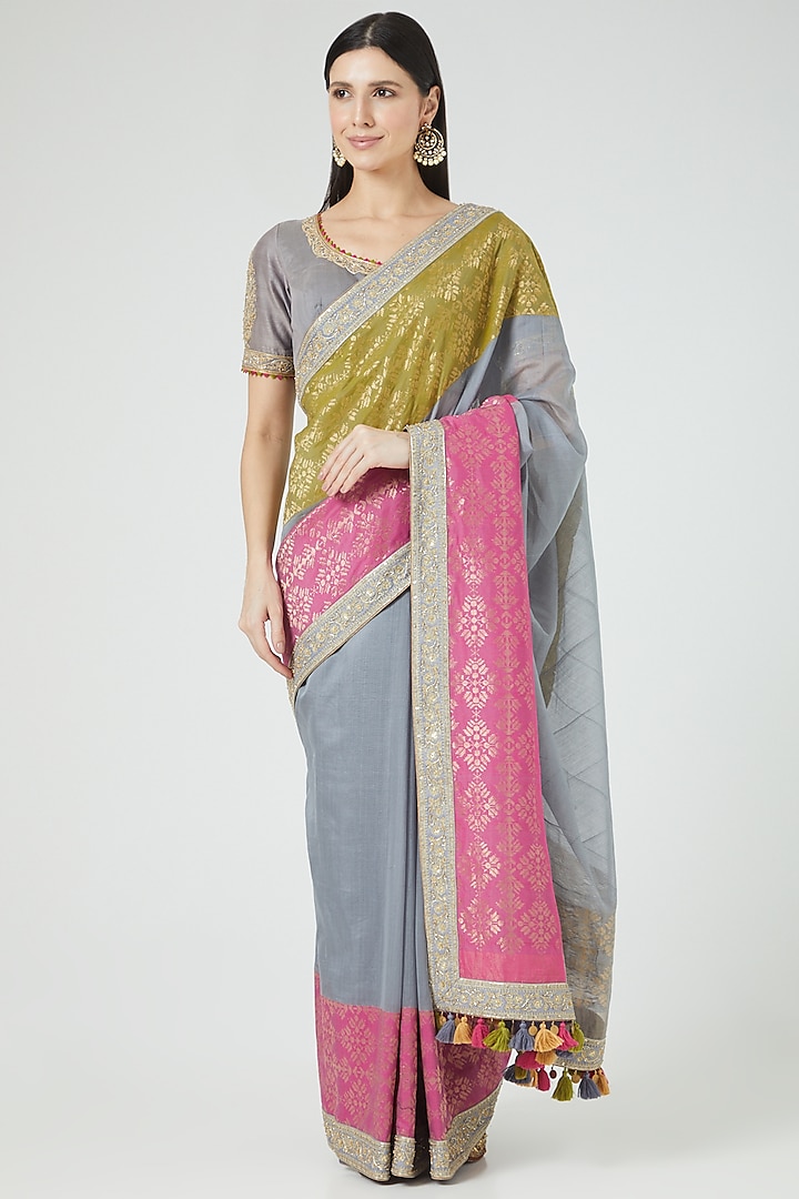 Grey Handloom Chanderi Saree Set by Rar Studio