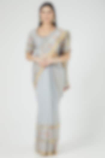 Grey Handloom Chanderi Boota Embroidered Saree Set by Rar Studio