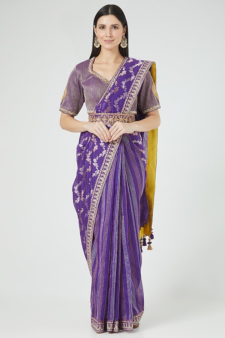 Purple Handloom Chanderi Zari Woven Saree Set by Rar Studio