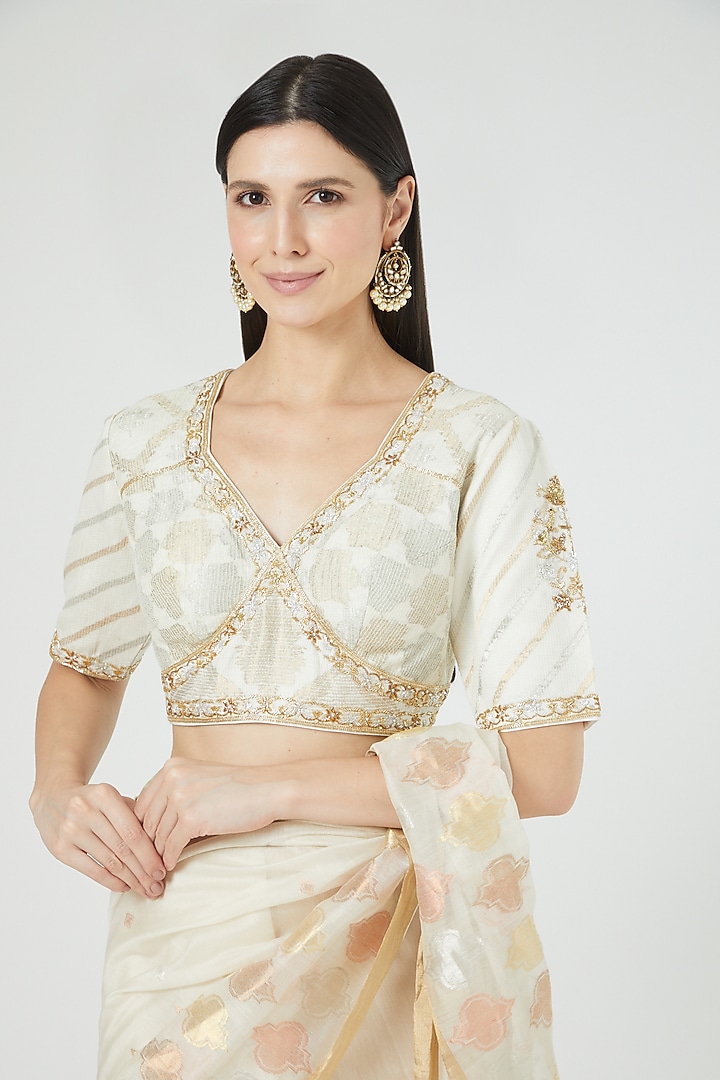 Ivory Handloom Chanderi Boota Woven Wedding Saree Set by Rar Studio at Pernia's Pop Up Shop