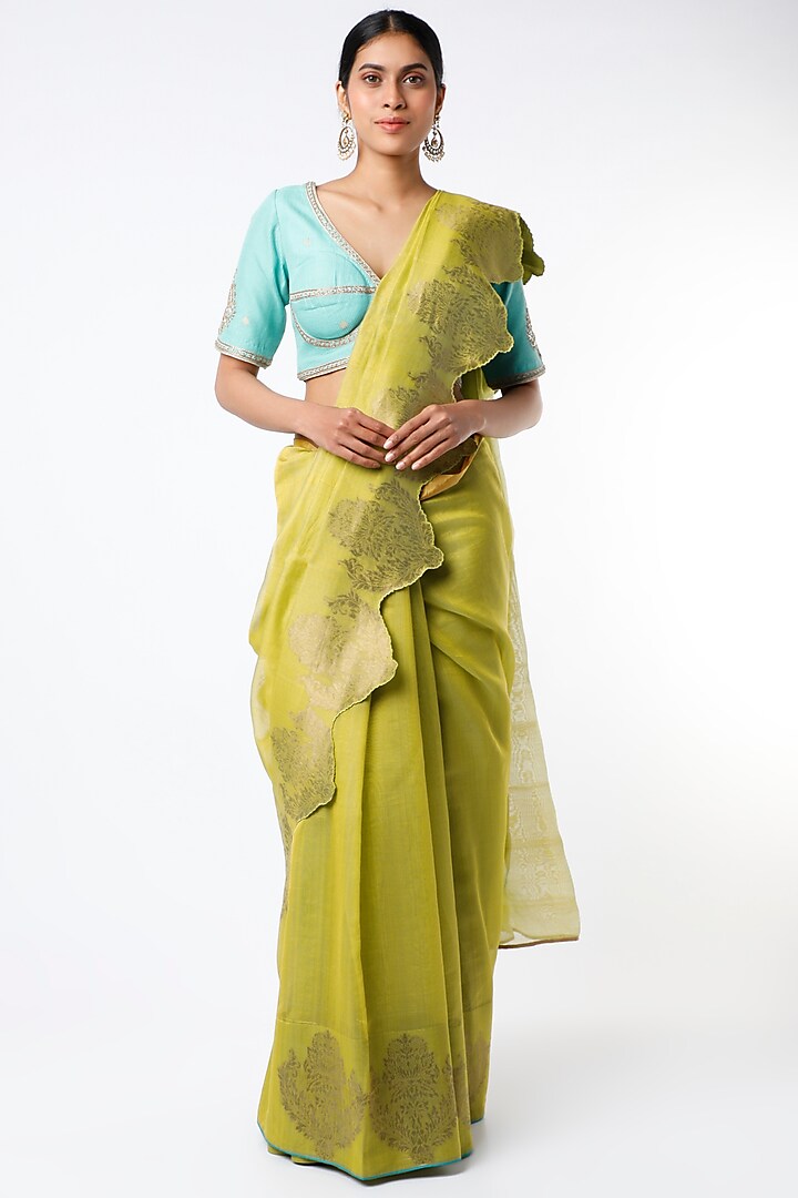 Lime Green Embroidered Saree Set by Rar Studio
