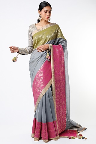 Grey Silk & Chanderi Saree Set by Rar Studio