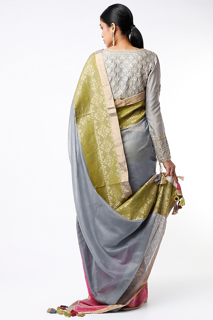 Grey Silk & Chanderi Wedding Saree Set by Rar Studio at Pernia's Pop Up Shop