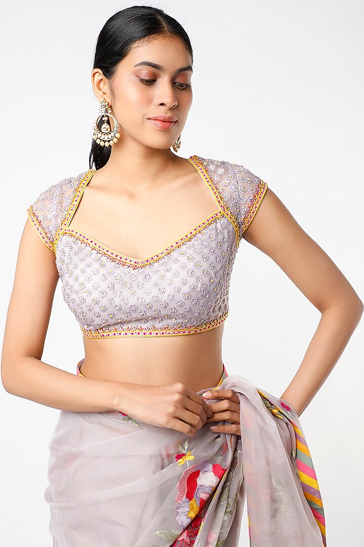 Grey Embroidered Wedding Saree Set by Rar Studio at Pernia's Pop Up Shop