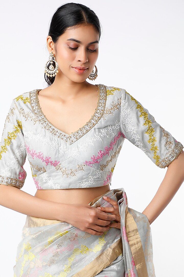 Grey Silk & Chanderi Wedding Saree Set by Rar Studio at Pernia's Pop Up Shop