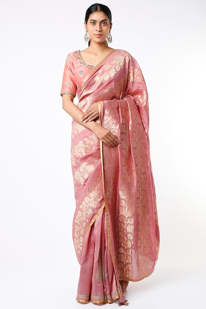 Blush Pink Aari Embroidered Wedding Saree Set by Rar Studio at Pernia's Pop Up Shop