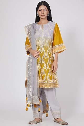 Grey Ombre Hand Embroidered Kurta Set by RAR Studio