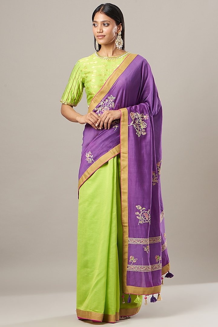 Lime Green Embroidered Saree Set by RAR Studio