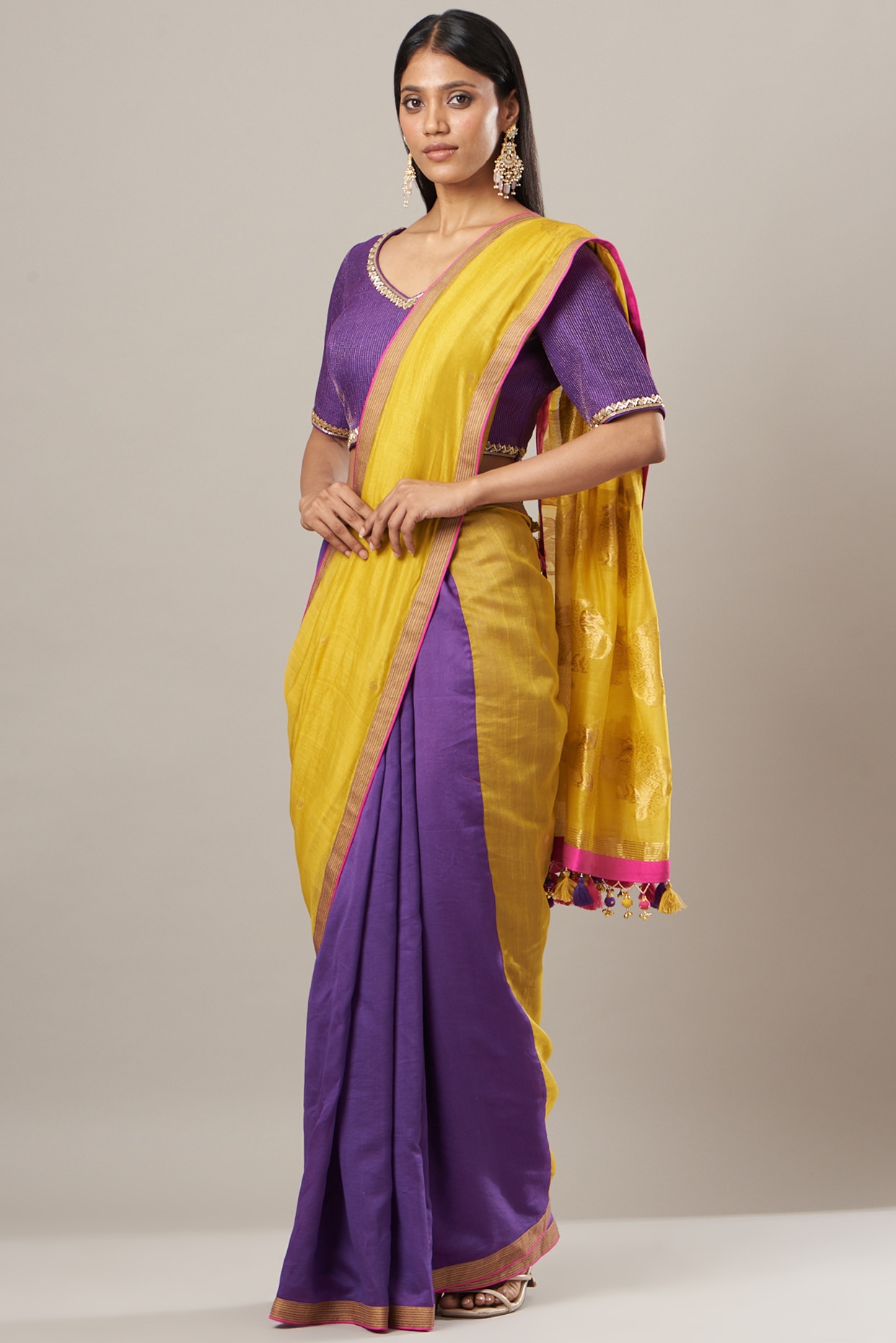 Purple-Yellow Half and Half Saree – Latha Puttanna Online Store