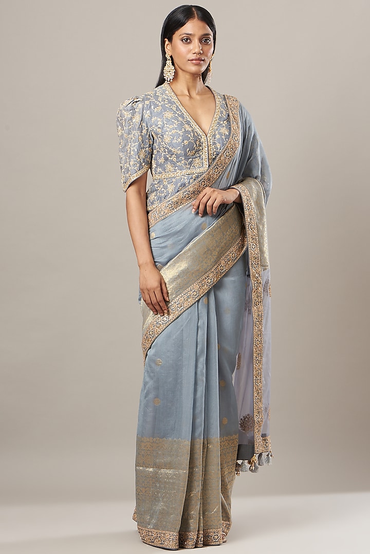 Sky Blue Embroidered Saree Set by RAR Studio