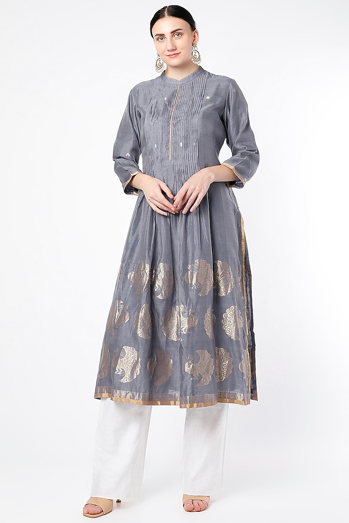 Dark Grey Printed Handwoven Tunic by Rar Studio at Pernia's Pop Up Shop