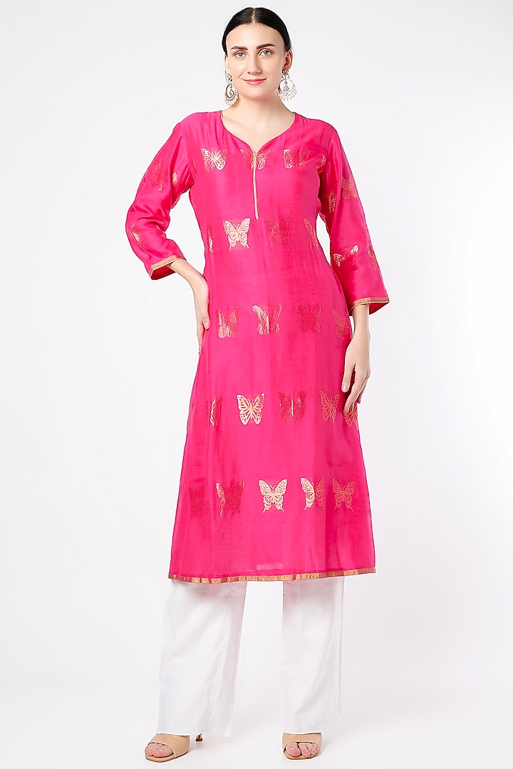 Candy Pink Handwoven Chanderi Tunic by Rar Studio