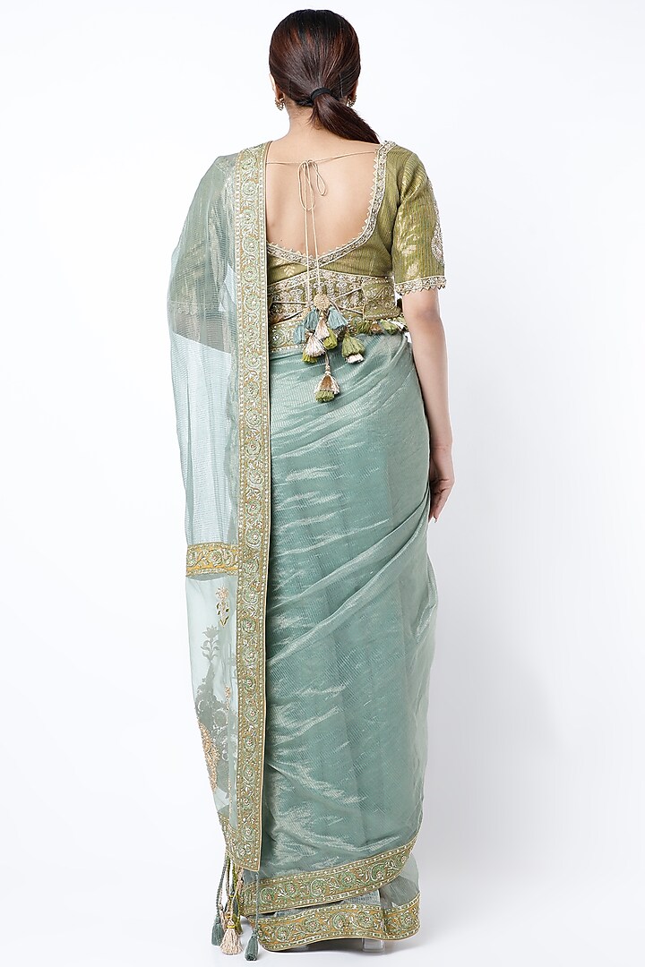 Turquoise Embroidered Wedding Saree set by Rar Studio at Pernia's Pop Up Shop