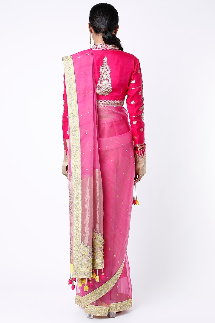 Magenta Hand Embroidered Wedding Saree Set by Rar Studio at Pernia's Pop Up Shop