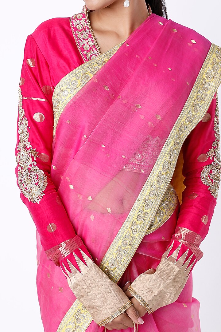 Magenta Hand Embroidered Wedding Saree Set by Rar Studio at Pernia's Pop Up Shop