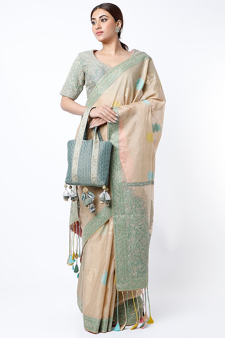 Beige Embroidered Wedding Saree Set by Rar Studio at Pernia's Pop Up Shop