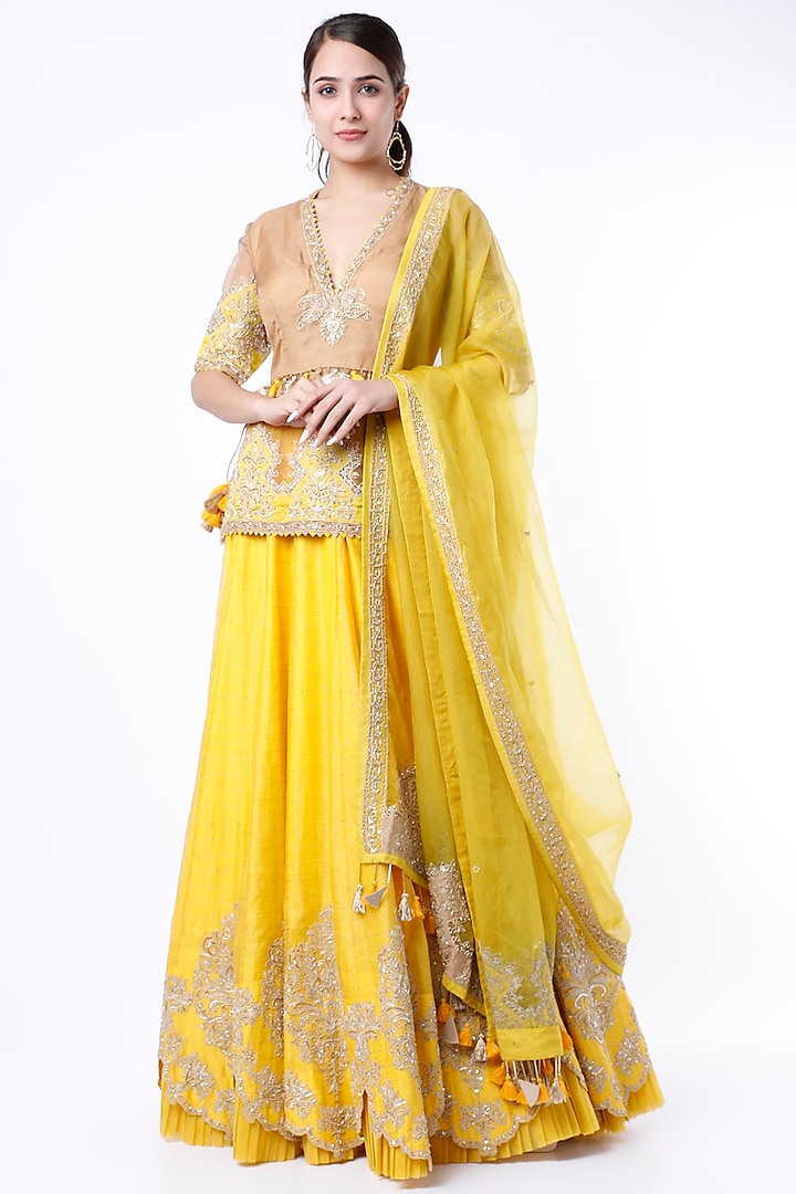 Yellow Aari Embroidered Lehenga Set by RAR Studio