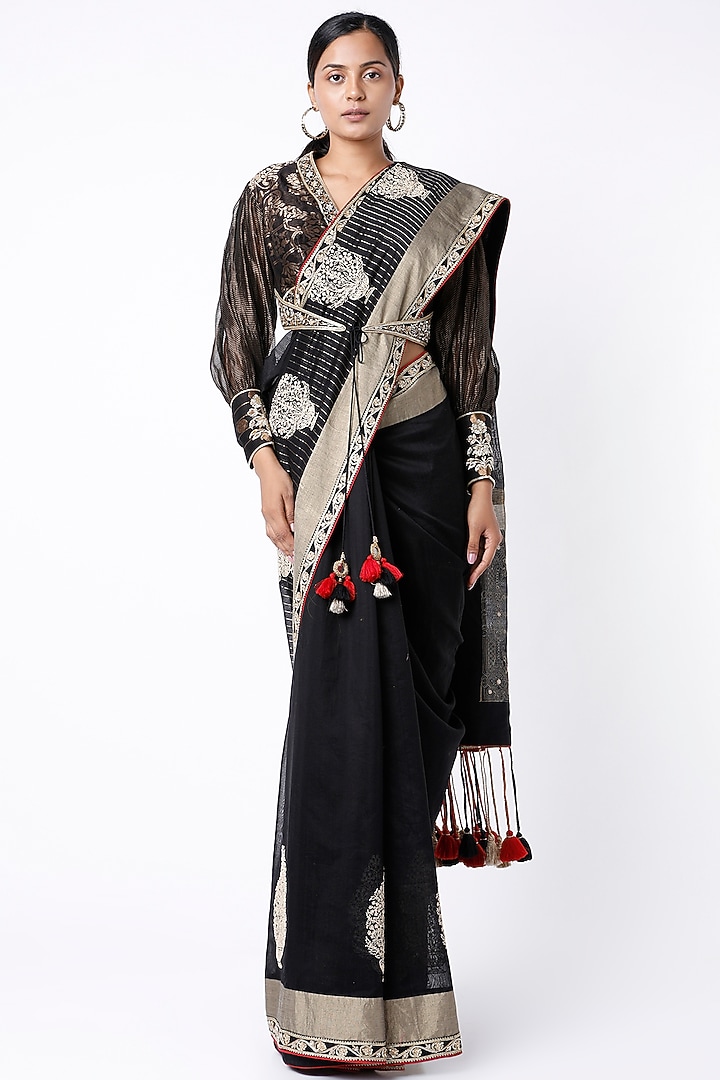 Black Hand Embroidered Wedding Saree Set by Rar Studio at Pernia's Pop Up Shop