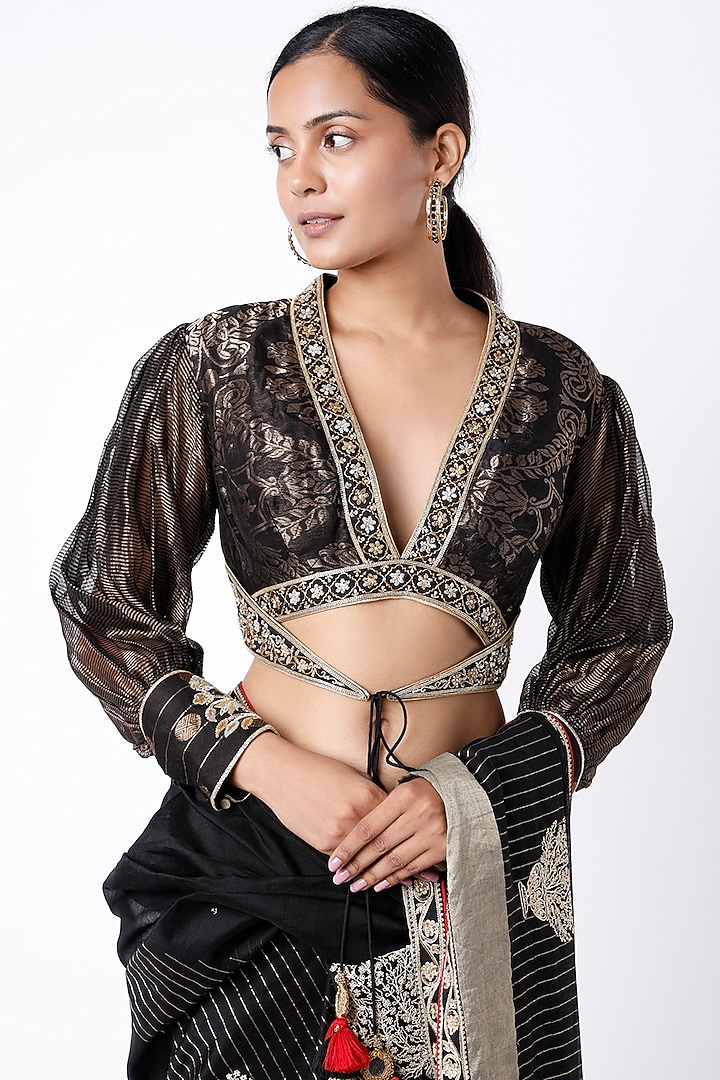 Black Hand Embroidered Wedding Saree Set by Rar Studio at Pernia's Pop Up Shop