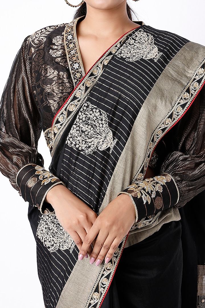 Black Hand Embroidered Wedding Saree Set by Rar Studio at Pernia's Pop Up Shop
