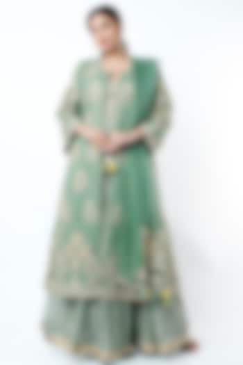 Turquoise Hand Embroidered Anarkali Set With Jacket by Rar Studio