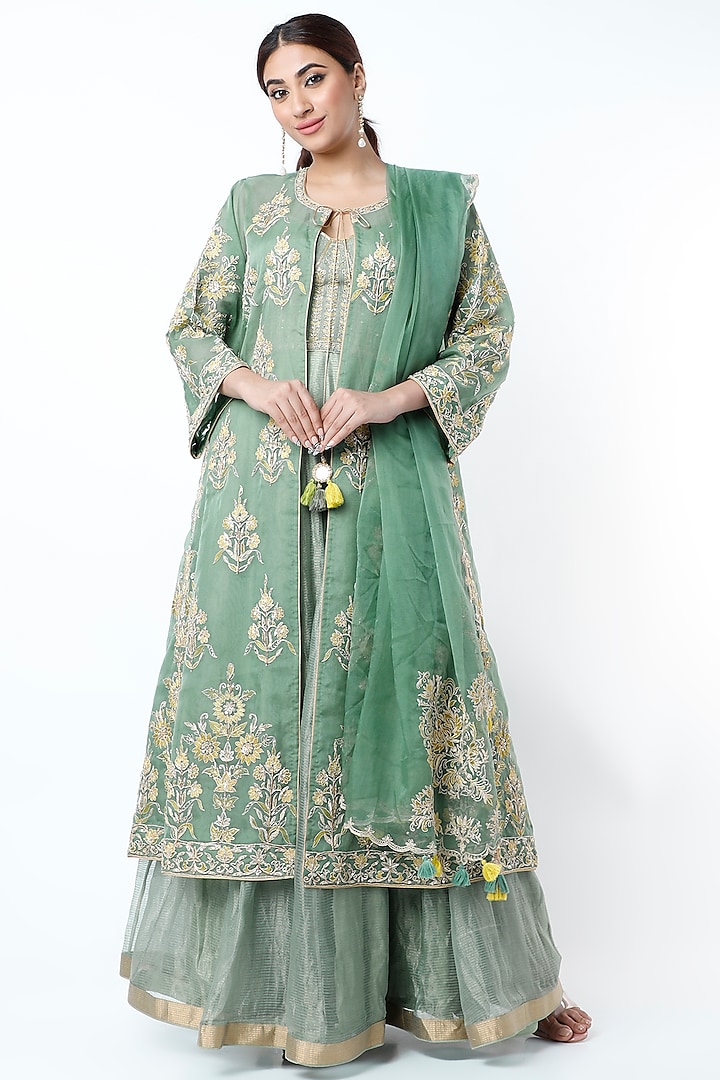 Turquoise Hand Embroidered Anarkali Set With Jacket by Rar Studio