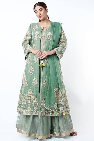 Turquoise Hand Embroidered Anarkali Set With Jacket by Rar Studio